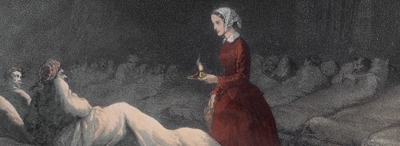 Illustration of Florence Nightingale holding a candle in a hospital with patients lying in beds.